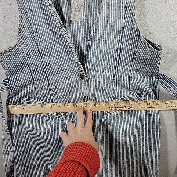 VTG 80s 90s ACID WASH Striped Denim OVERALLS JUMPER bleached mini dress SZ 9/10 - Picture 11 of 13